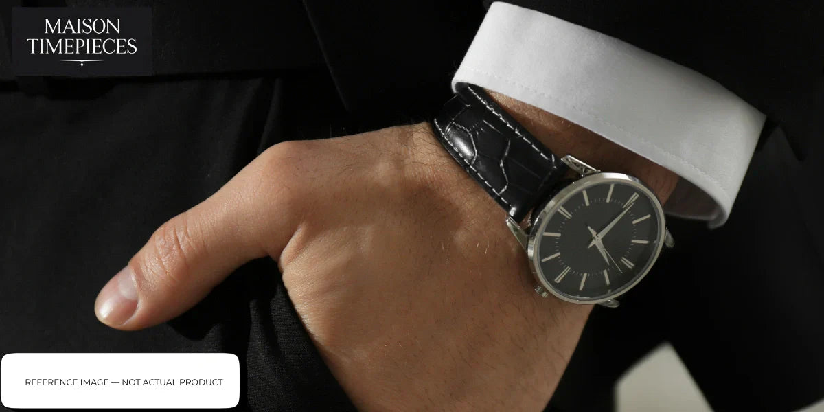 Lytt Labs minimalist black dial watch on leather strap worn with formal suit close-up wrist shot