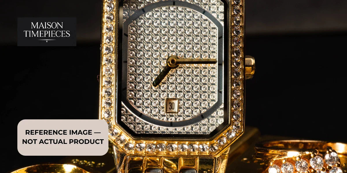 luxury diamond gold watch close up rectangular dial gemstone bezel elegant high end timepiece maison timepieces 