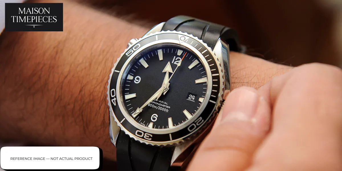 Maison Timepieces dive watch with black dial and rubber strap on wrist high water resistance sports design 