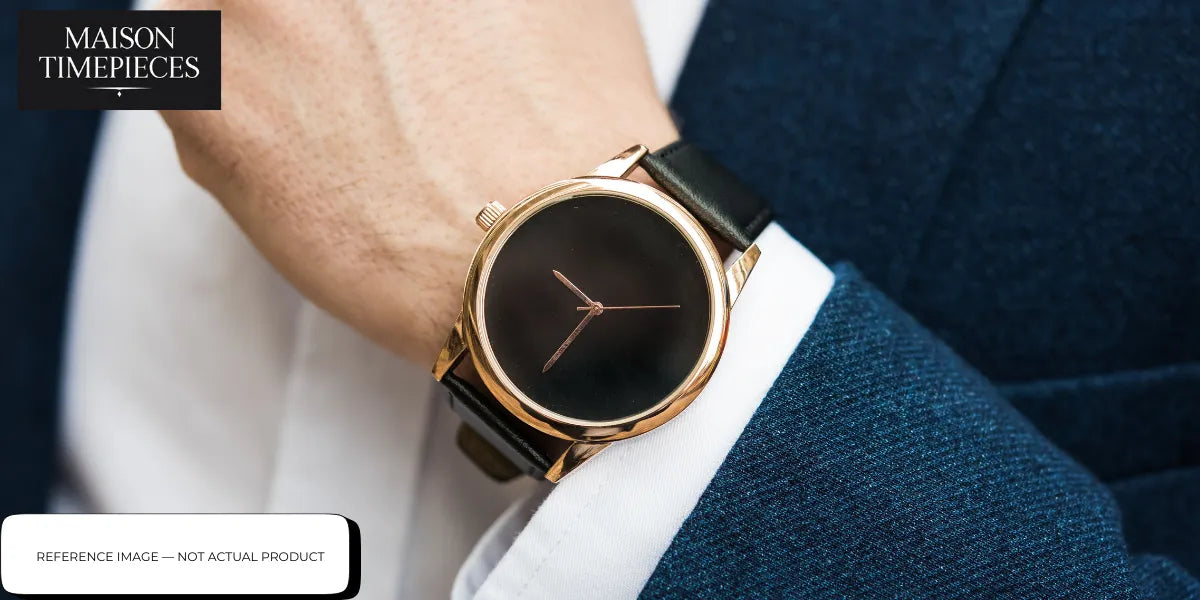 Maison Timepieces gold dress watch with black dial and leather strap on wrist elegant minimalist luxury style 