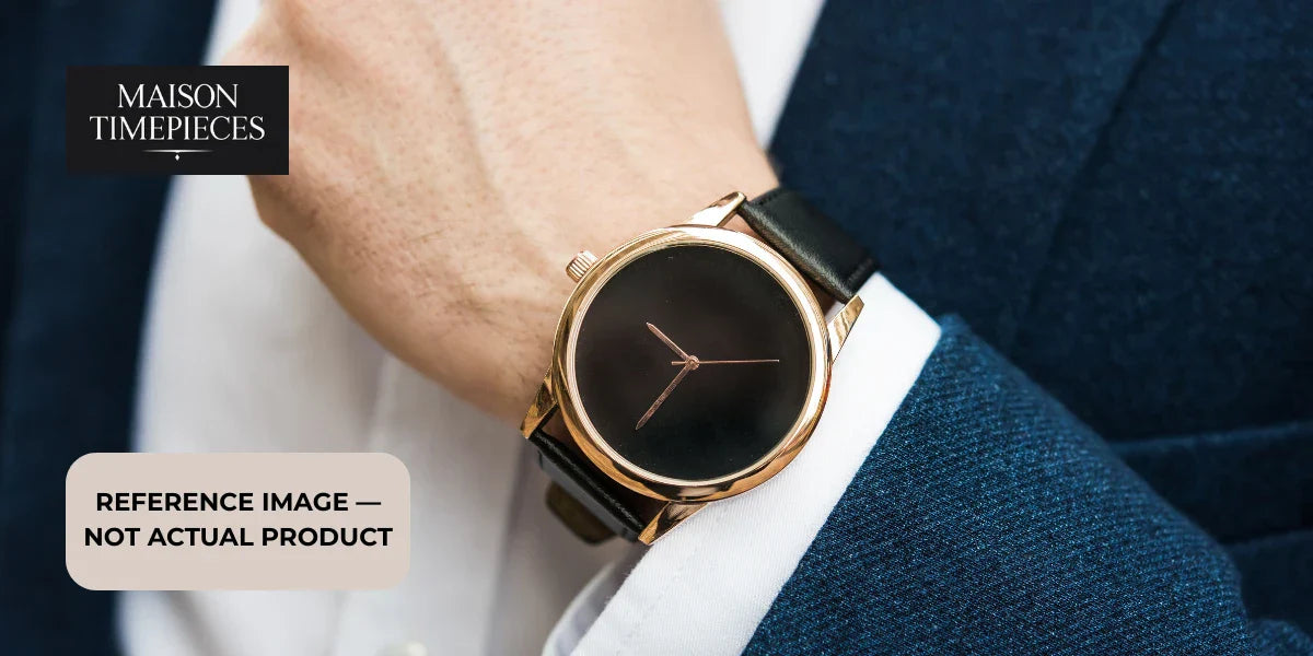 minimalist luxury dress watch on wrist gold case black dial leather strap elegant mens watch maison timepieces 
