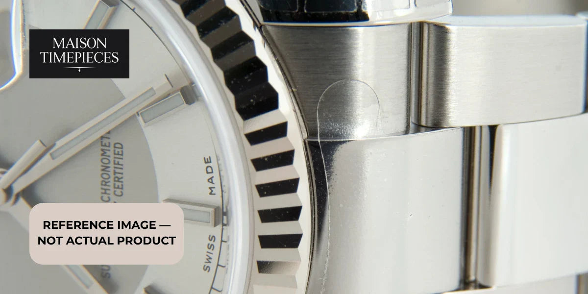 luxury stainless steel watch bezel close up fluted edge bracelet detail swiss made chronometer dial maison timepieces 