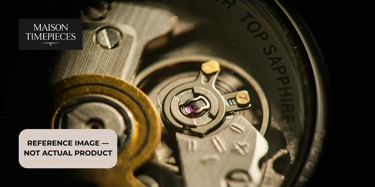 luxury watch movement close up mechanical components maison timepieces macro detail sapphire caseback 