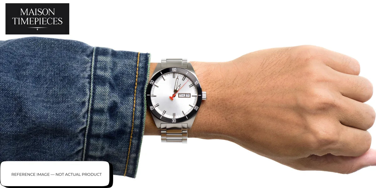Maison Timepieces stainless steel watch on wrist with white dial and red seconds hand minimalist luxury design 