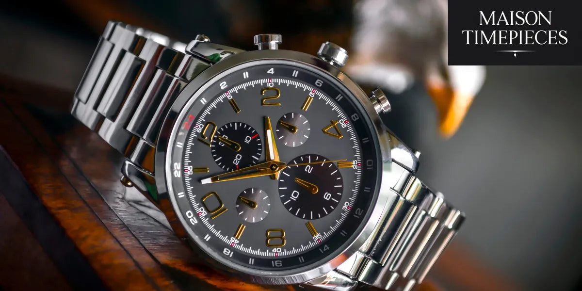 Chronograph stainless steel men's watch with black dial and golden accents on wood surface