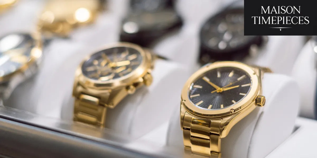 Elegant gold men’s watches displayed in a premium storage case — perfect for collectors