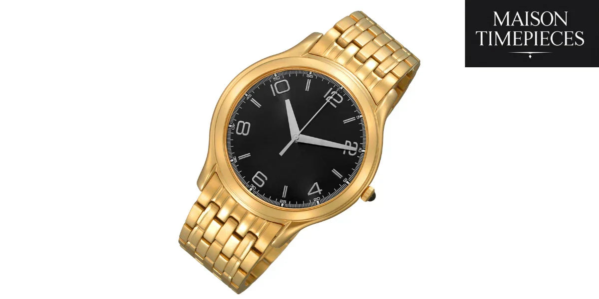 Golden men’s wristwatch with black dial on gold bracelet – Maison Timepieces