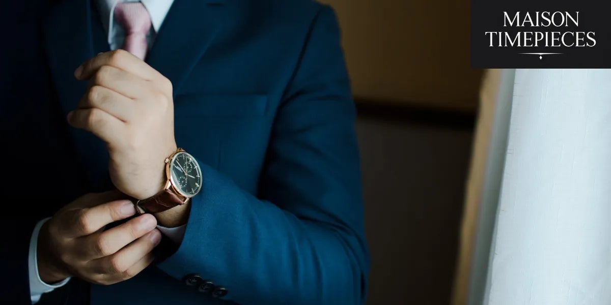 Man in a navy suit adjusting his leather-strap watch — Maison Timepieces Singapore