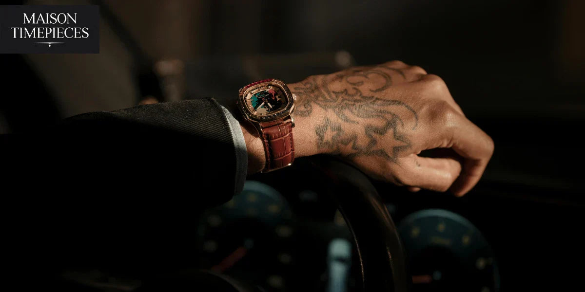 “Marathon watch on wrist showcasing military-inspired luxury timepiece by Maison Timepieces”