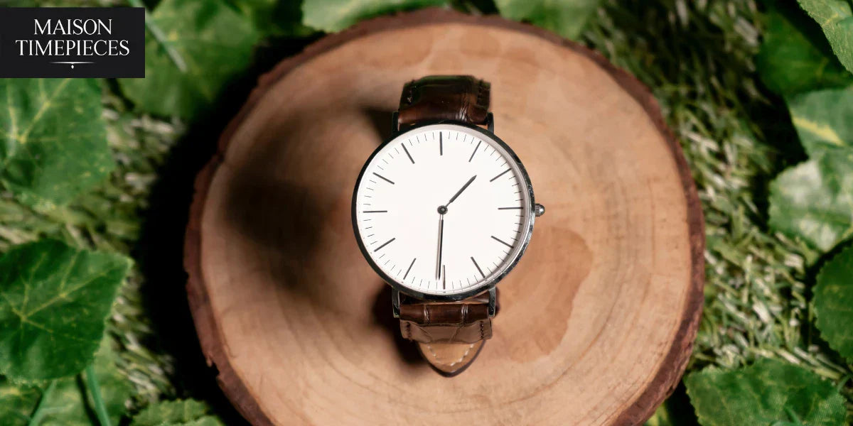 Marc Jacobs-style minimalist leather strap watch displayed on wooden surface