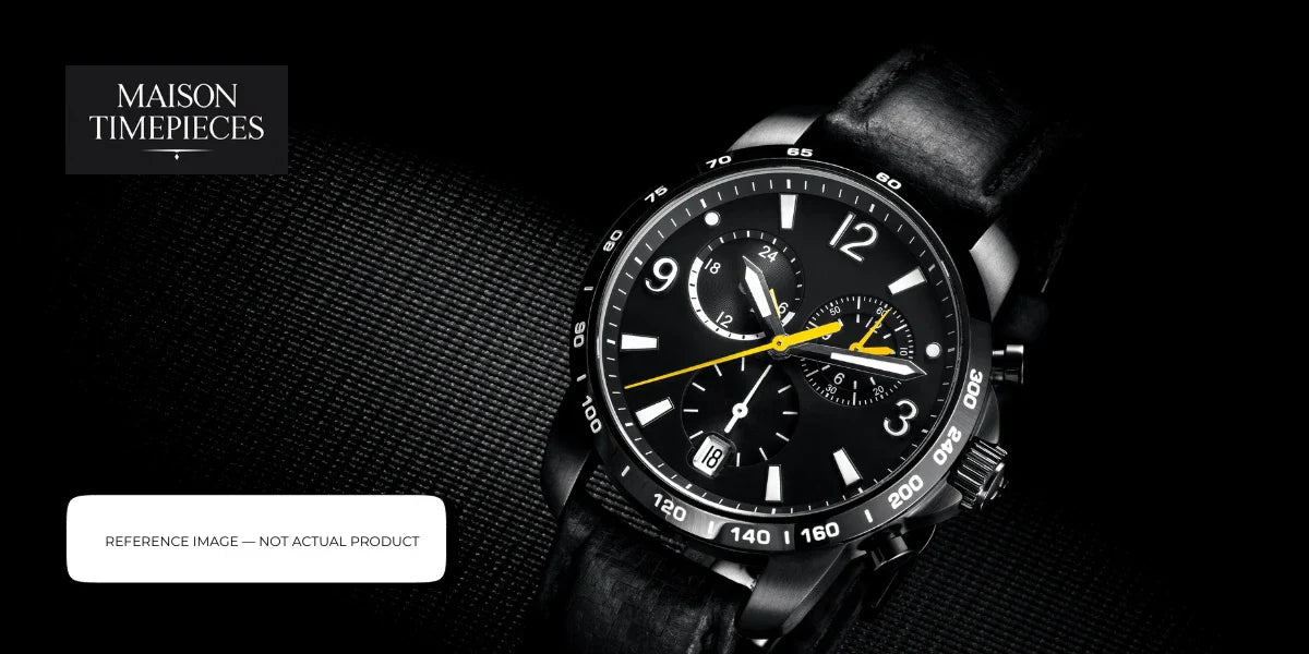 Marloe watch Singapore black chronograph dial with yellow hands on leather strap luxury timepiece editorial image 