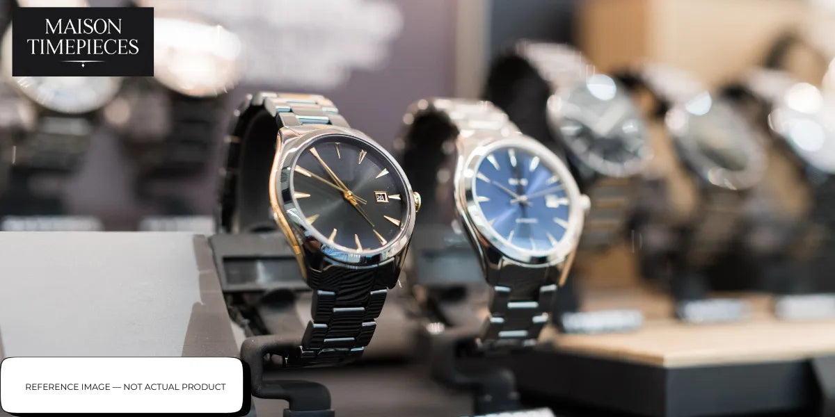 luxury men watches display steel bracelet black and blue dial elegant timepieces Singapore showroom 