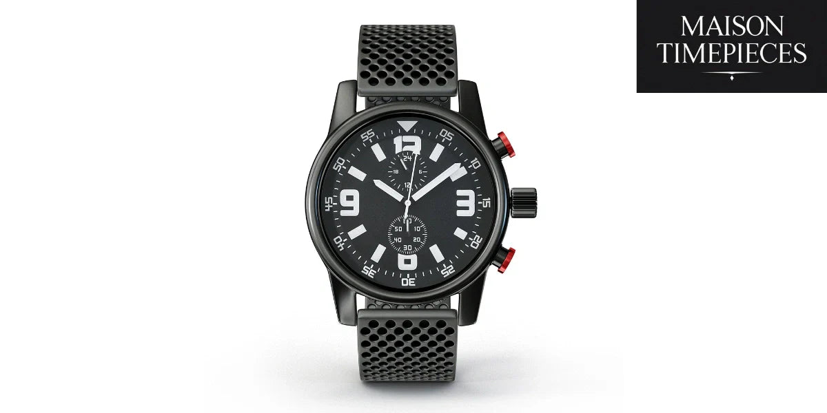 Black men's chronograph watch with bold numerals and perforated rubber strap by Maison Timepieces