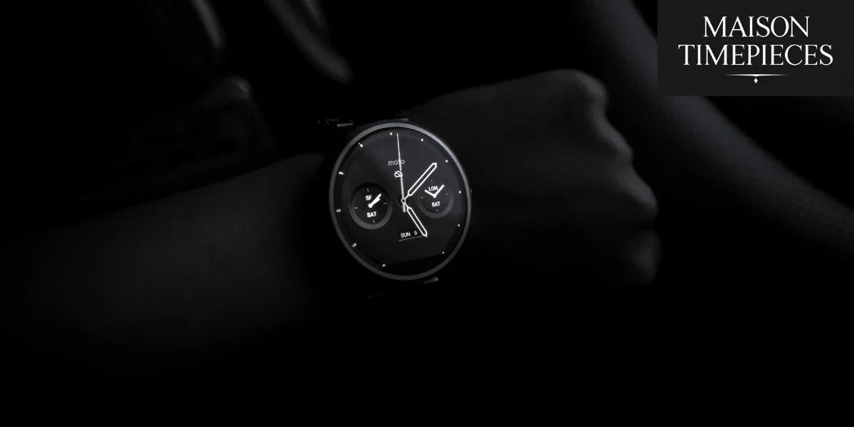 Elegant men luxury smartwatch glowing in the dark, worn in a car by Maison Timepieces
