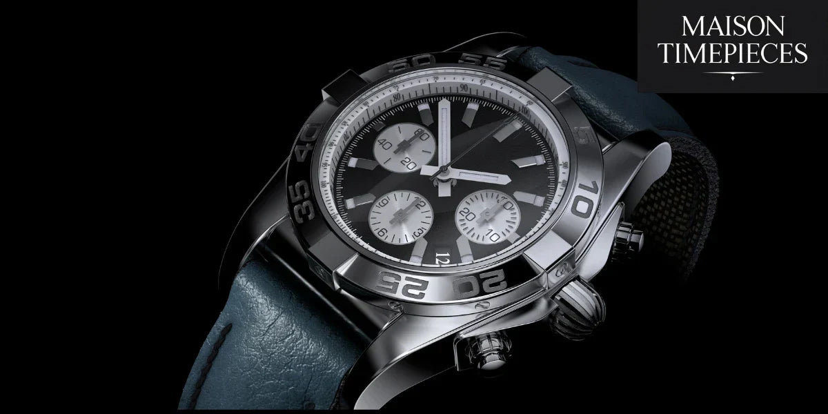 Close-up of a luxury chronograph men's watch with blue leather strap – Maison Timepieces