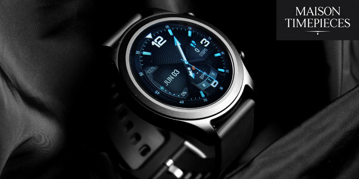 Rado-inspired men’s watch on black satin with Maison Timepieces logo
