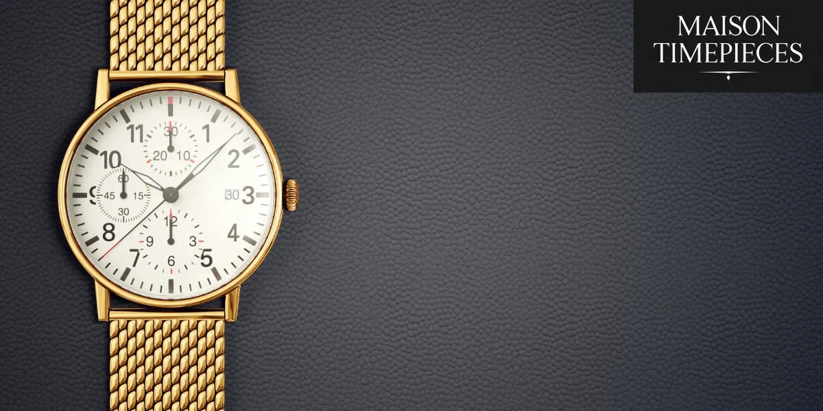 Elegant gold chronograph men watch on textured leather background, inspired by Seiko’s timeless design legacy