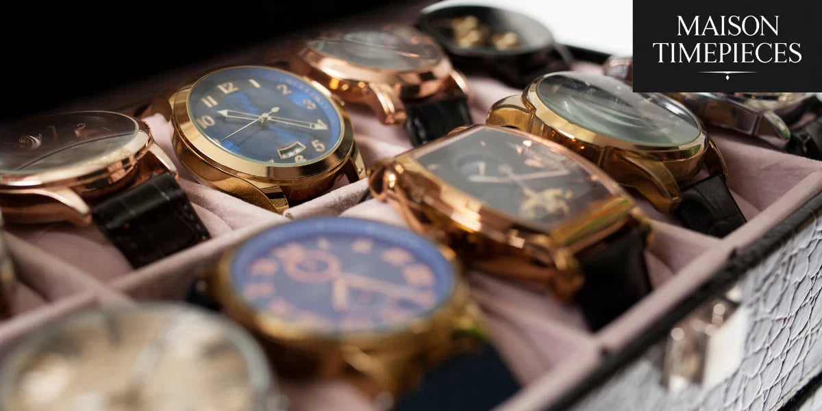 Assorted luxury men’s watches in display box with Maison Timepieces logo