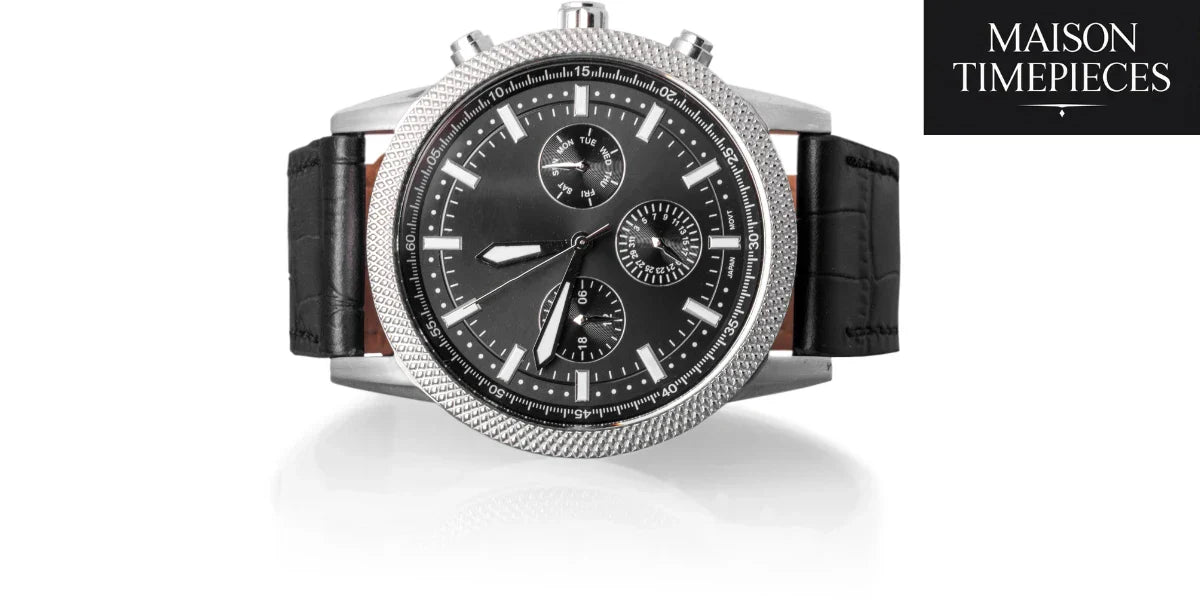 Luxury men’s chronograph watch with leather strap and Maison Timepieces logo