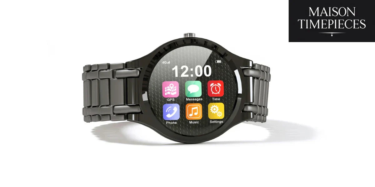 Stylish black smartwatch with app icons and Maison Timepieces logo