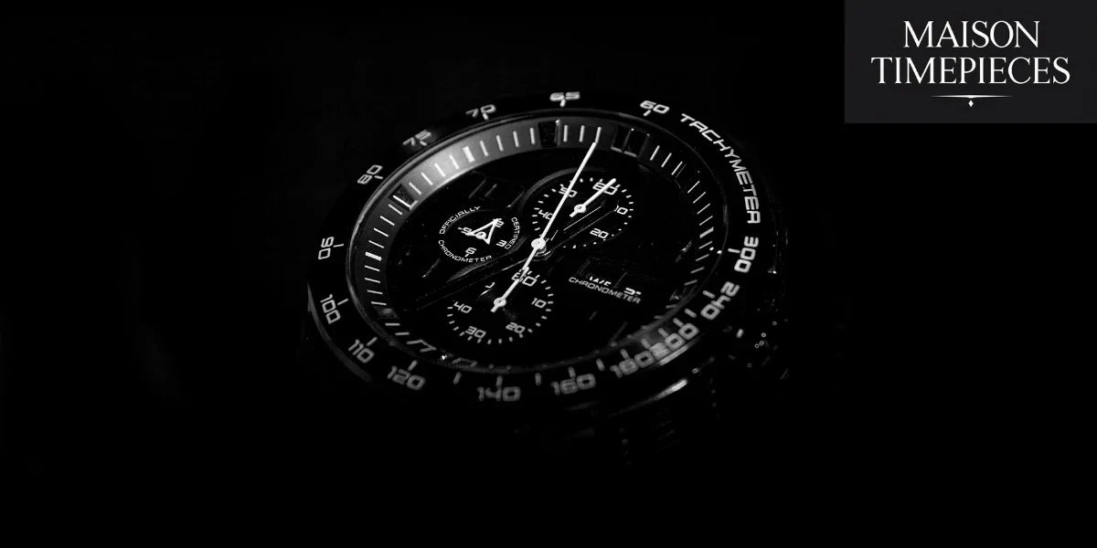 Black chronograph sport watch with tachymeter bezel and Maison Timepieces logo
