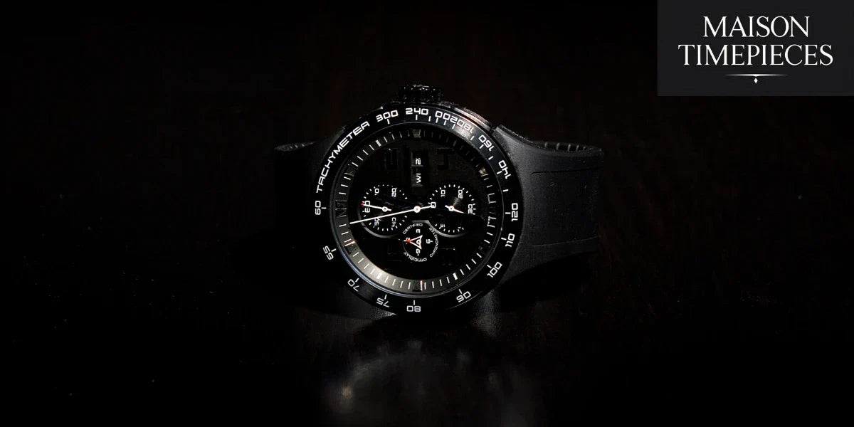 Black tachymeter men’s watch on dark wood with Maison Timepieces logo