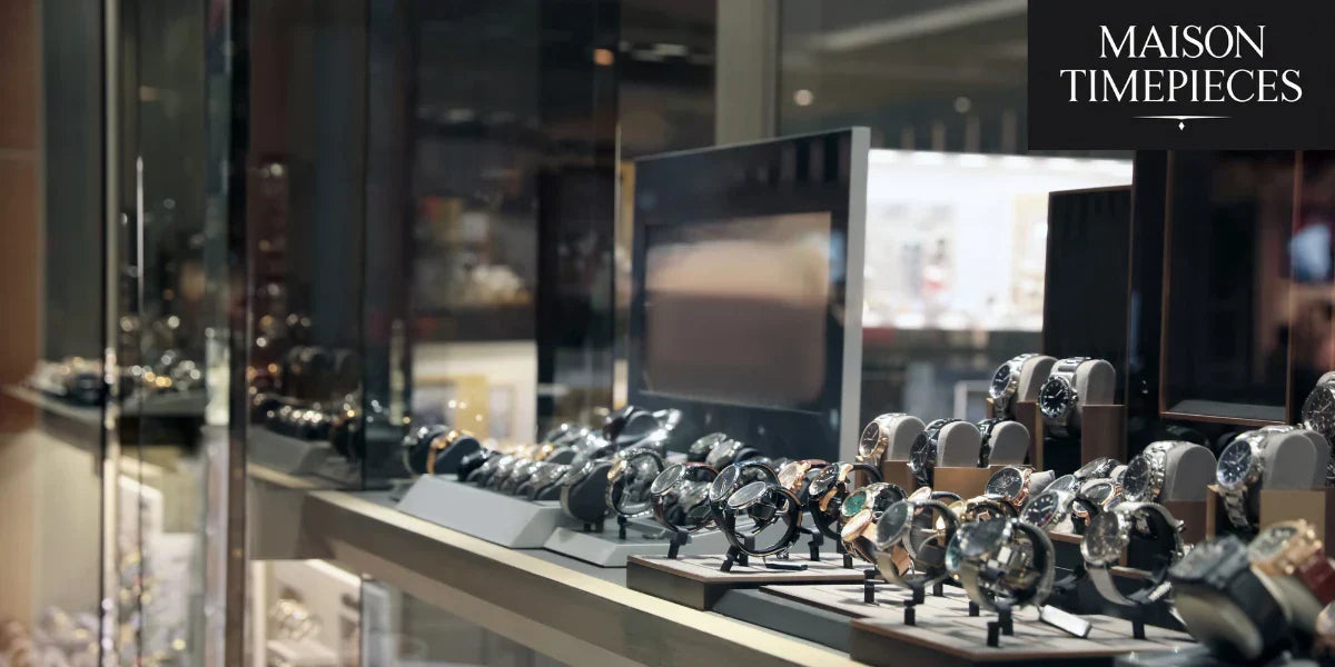 Display of luxury men’s watches in a boutique showroom with Maison Timepieces logo