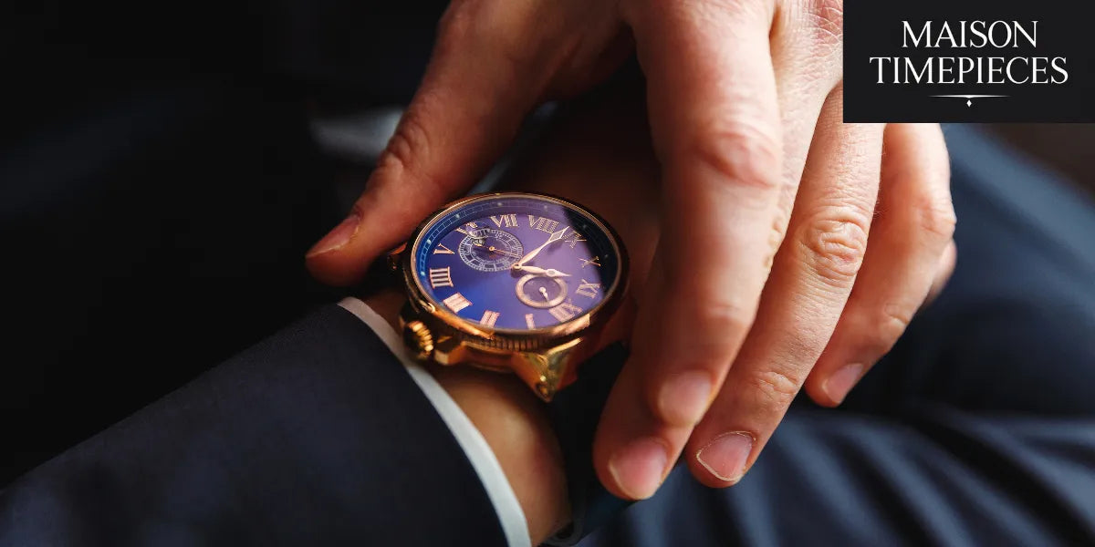 Close-up of a man adjusting a luxurious gold watch with a deep blue dial — Maison Timepieces style
