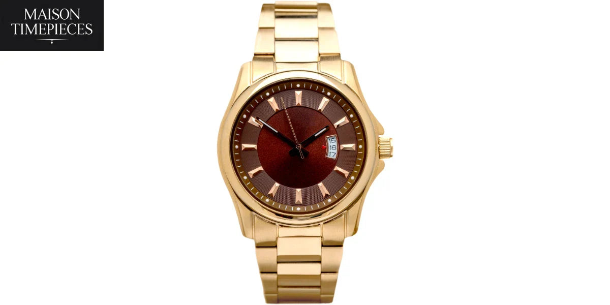 Luxury men’s watch Singapore with gold bracelet and brown dial by Maison Timepieces