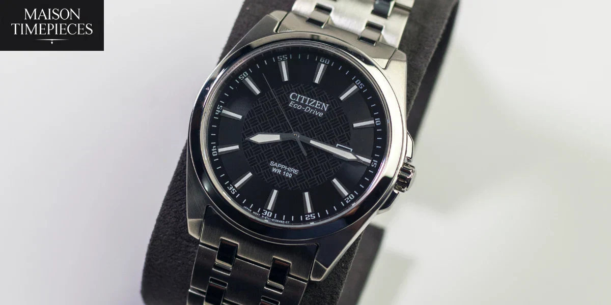 Elegant men’s watch Singapore featuring Citizen Eco-Drive with black dial and stainless steel bracelet by Maison Timepieces