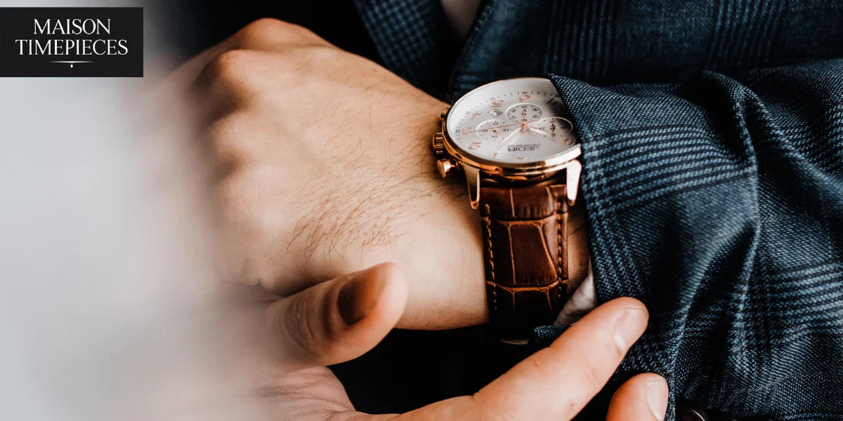 "Michael Kors–style men’s watch with brown leather strap and gold case worn with suit – Maison Timepieces Singapore"