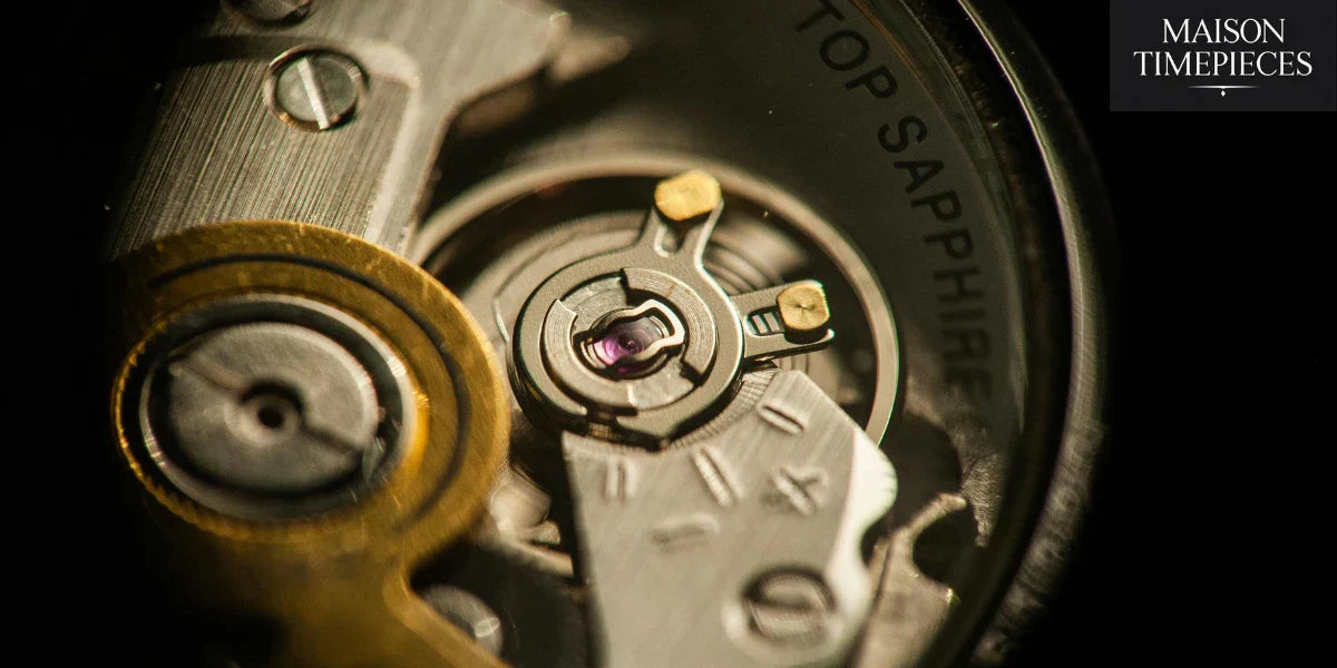 “Close-up macro of a mechanical watch movement with sapphire caseback – Maison Timepieces”
