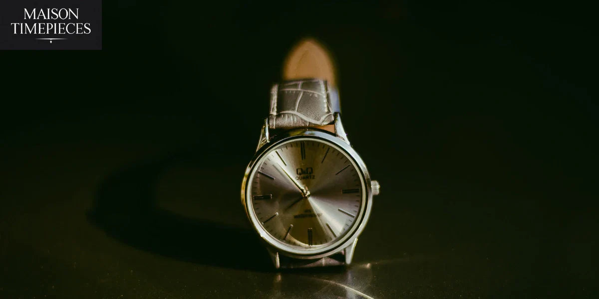 Luxury Montblanc-style wristwatch with silver dial and leather strap under studio lighting – Maison Timepieces