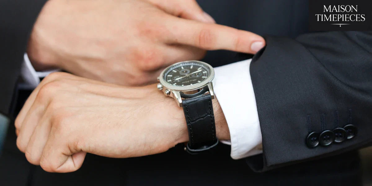 "Man wearing a modern MVMT-style black leather strap watch with suit — Maison Timepieces product shot"