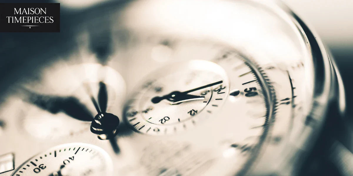 "Close-up artistic shot of a Nixon-style chronograph watch dial — Maison Timepieces product imagery"