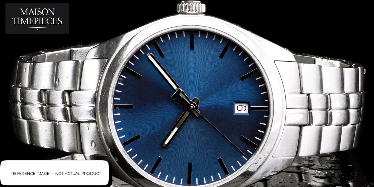 Nove watch Singapore blue dial stainless steel bracelet modern minimalist design close-up on black background 