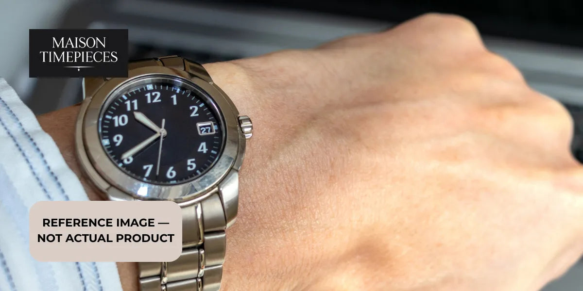 Omega Constellation Manhattan watch on wrist stainless steel bracelet black dial close up luxury watch Singapore 