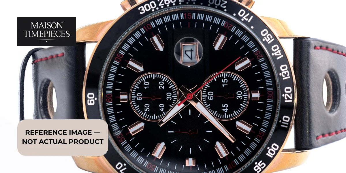 Omega Globemaster watch Singapore luxury chronograph black dial rose gold case leather strap close up 