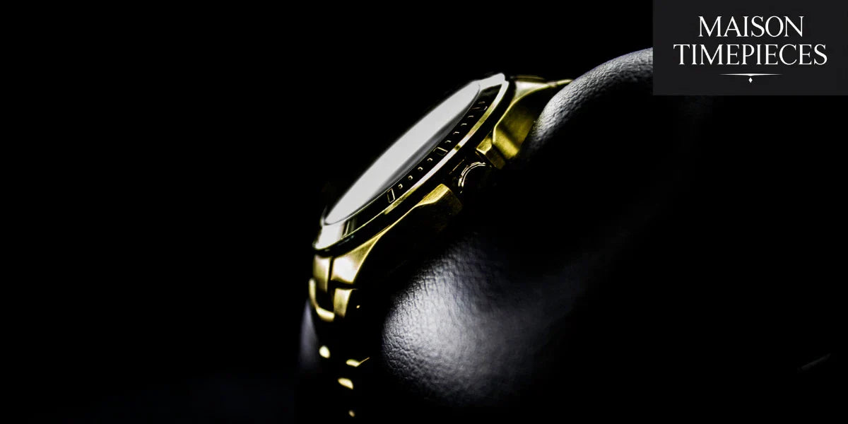 Omega men watch in golden profile view on black background – Maison Timepieces