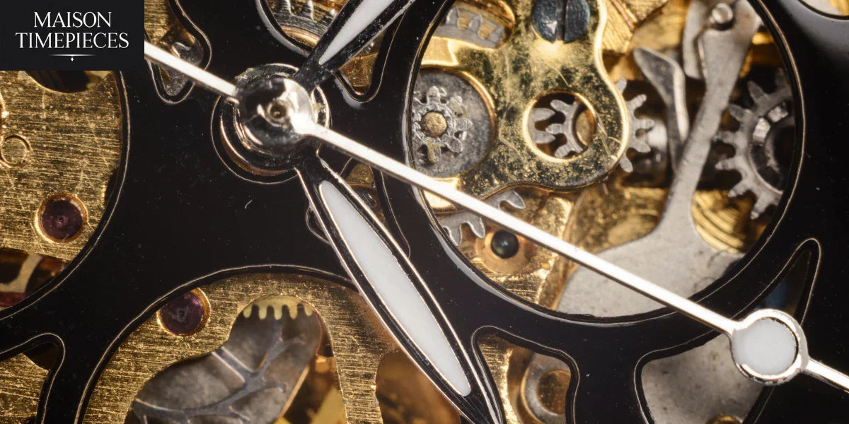 Close-up of mechanical Orient men watch gears and movement by Maison Timepieces Singapore