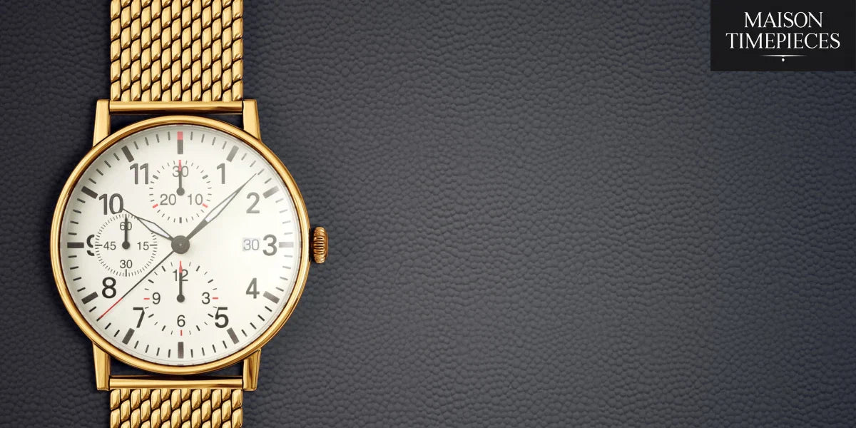 "Orient Star style gold men’s watch with white chronograph dial by Maison Timepieces"
