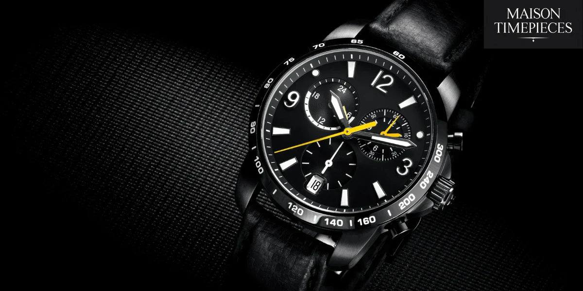 “Black chronograph watch with yellow accents on leather strap in dramatic lighting – Maison Timepieces”