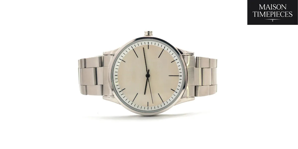 “Minimalist stainless-steel wristwatch with clean white dial on metal bracelet — photographed for Maison Timepieces.”