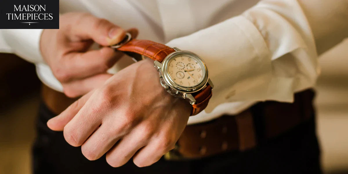 Pre-owned watches Singapore men adjusting luxury timepiece