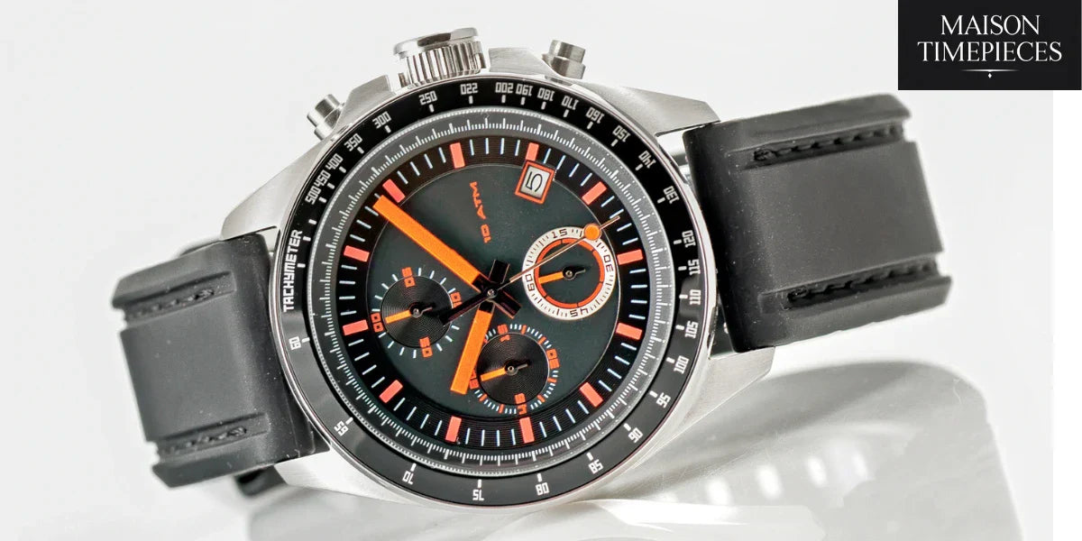 "Pulsar style sports chronograph men’s watch with black and orange dial by Maison Timepieces"