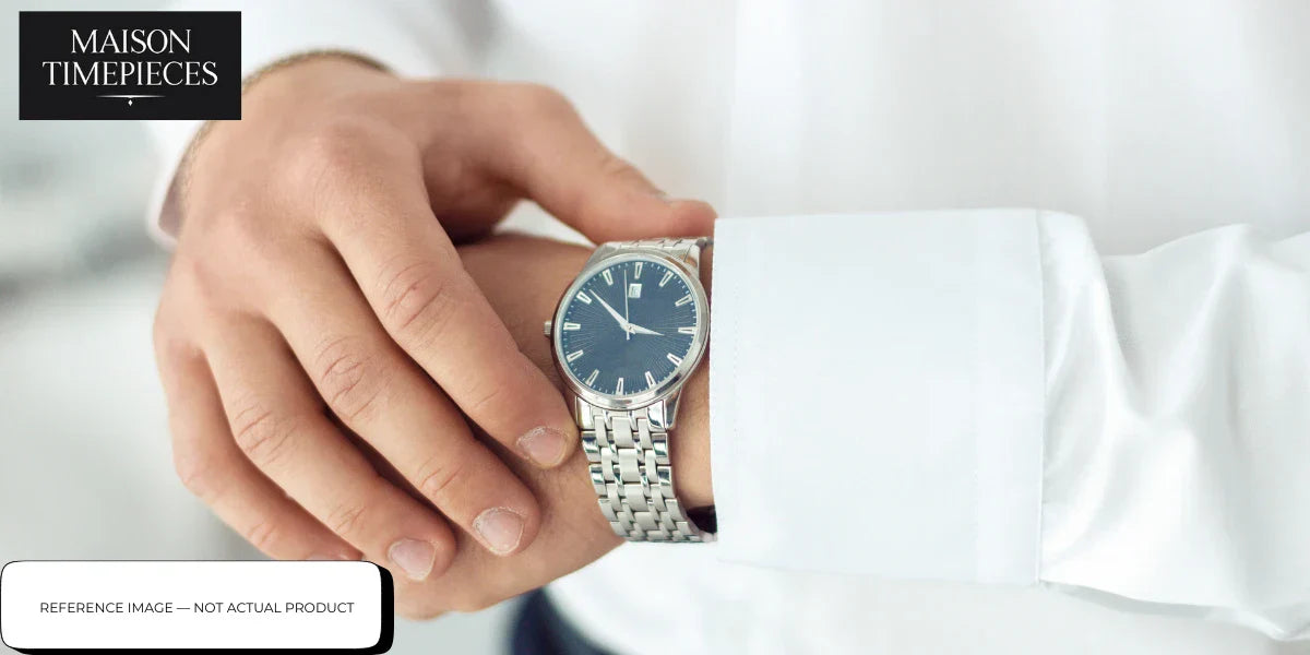 quartz vs automatic watch singapore stainless steel bracelet blue dial formal wristwatch business attire elegant timepiece 