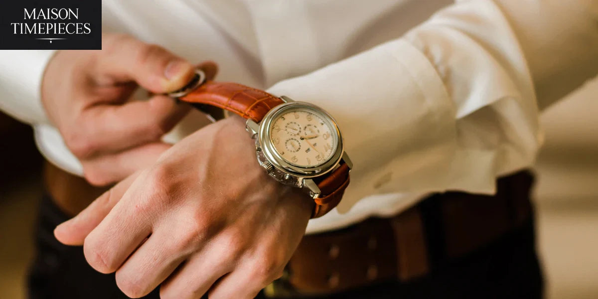 Elegant Raymond Weil style wristwatch with brown leather strap on a man’s wrist – Maison Timepieces