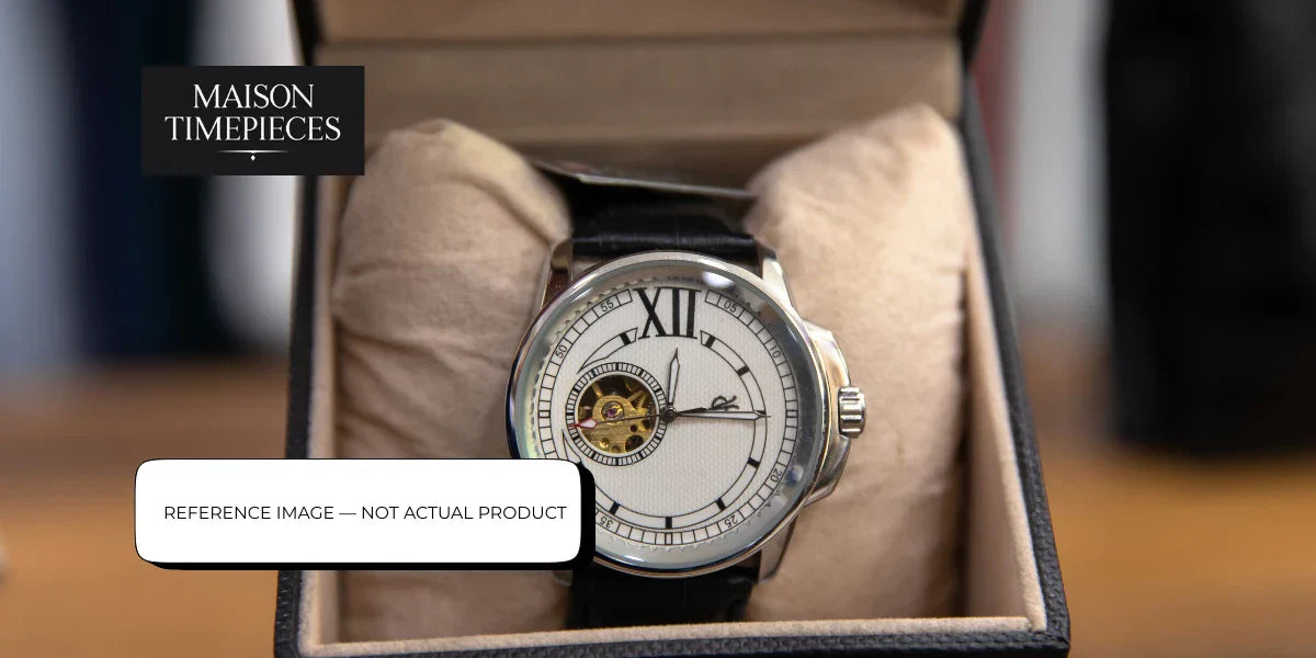 Rebellion Swiss mechanical watch with open balance wheel displayed in presentation box in Singapore