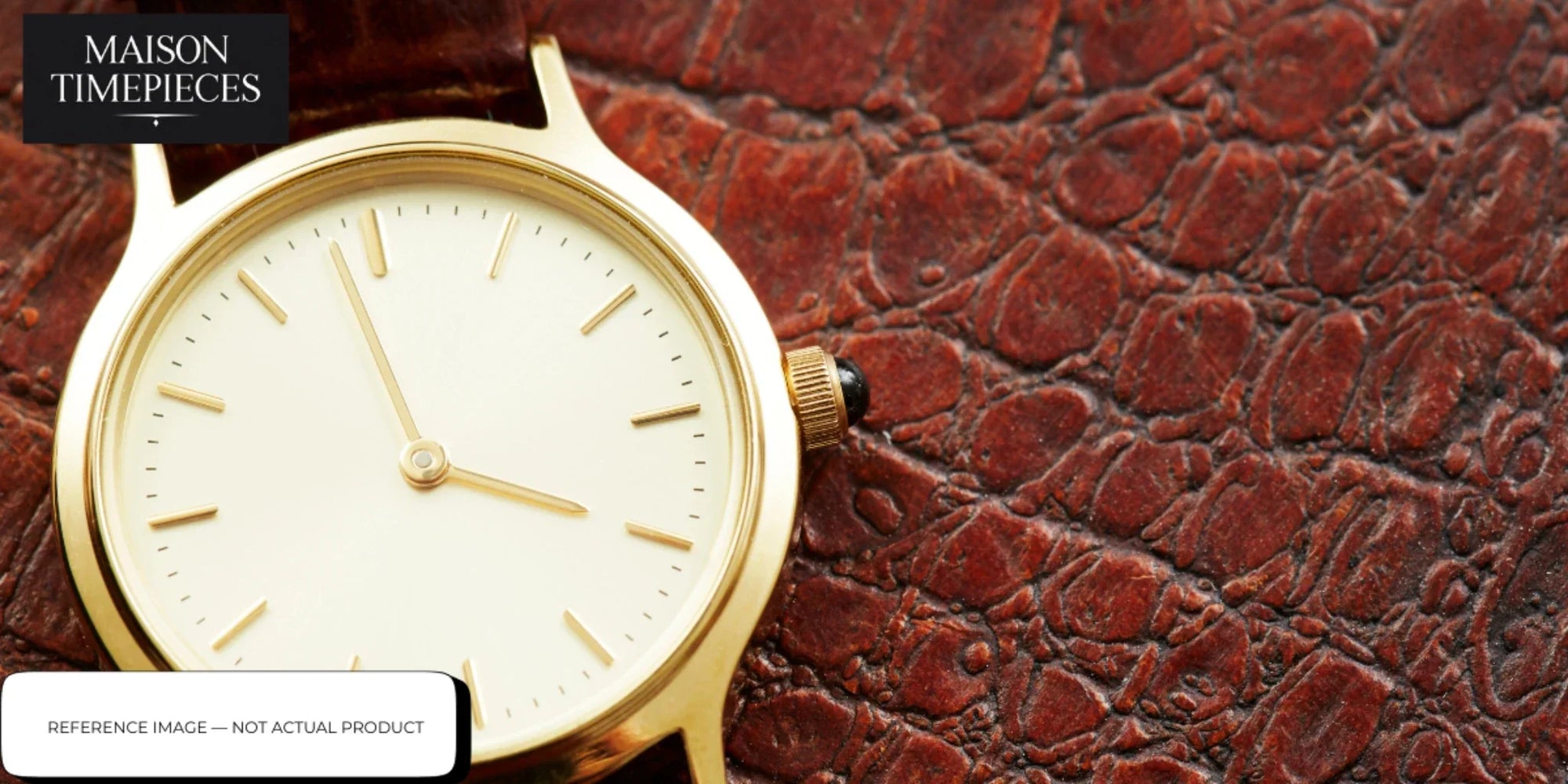 Reverie watch Singapore gold minimalist dress watch with cream dial and leather strap close-up detail 