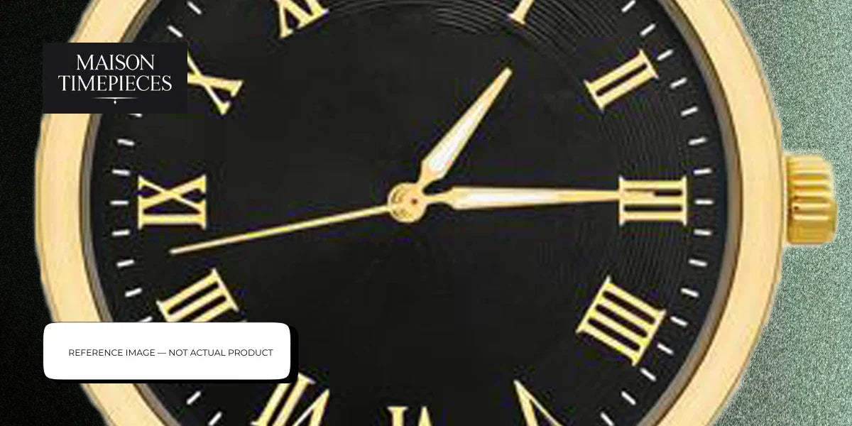 RGM watch Singapore black dial with gold Roman numerals and classic dress watch detailing